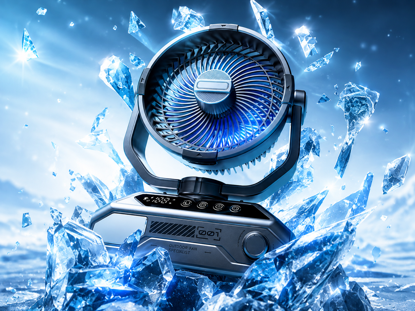Powerful Glacier Desk Mini fan surrounded by ice crystals
