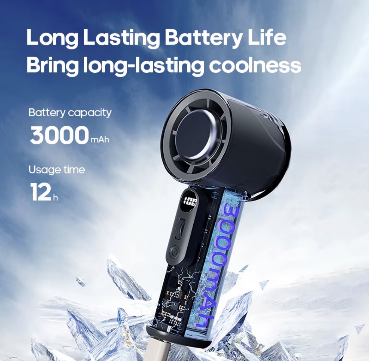 Portable cooling fan with 3000mAh battery graphic