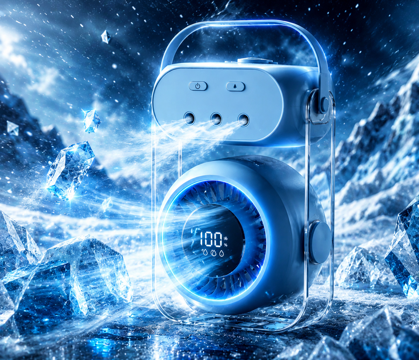 Compact Arctic Mist Max cooling fan in an icy scene