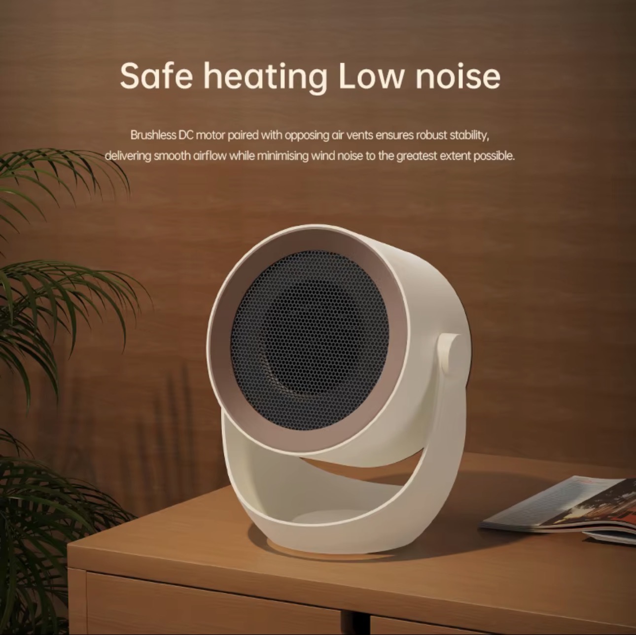 Quiet white personal heater on a side table
