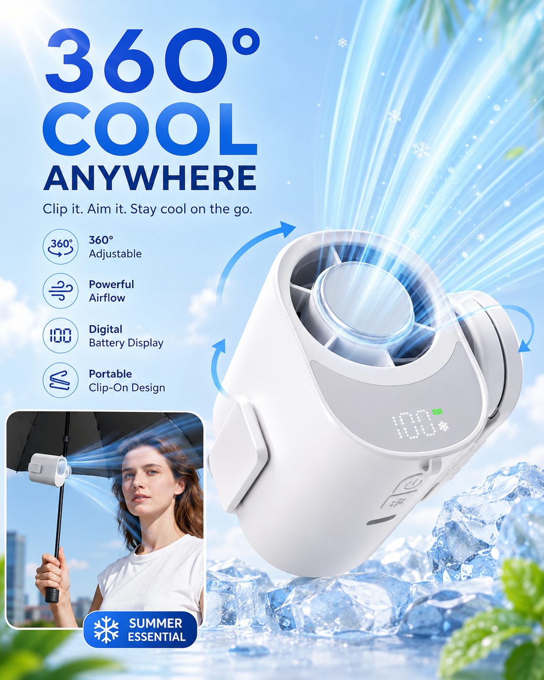 Portable 360-degree adjustable clip-on cooling fan with digital battery display