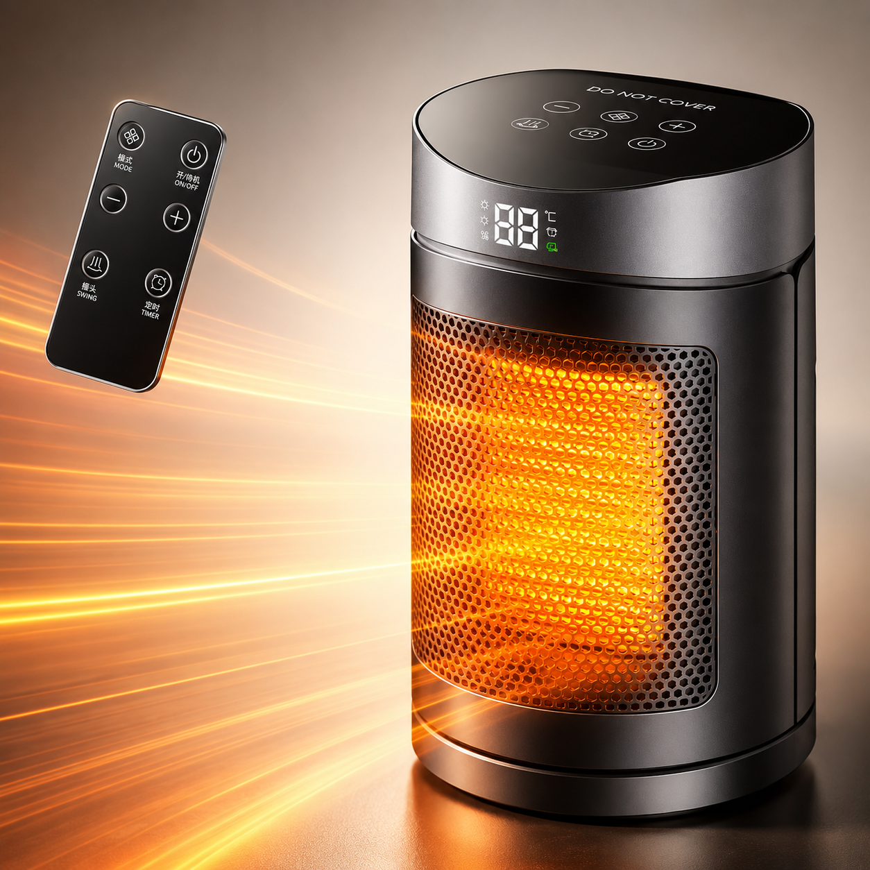 Black compact space heater glowing with warm orange heat