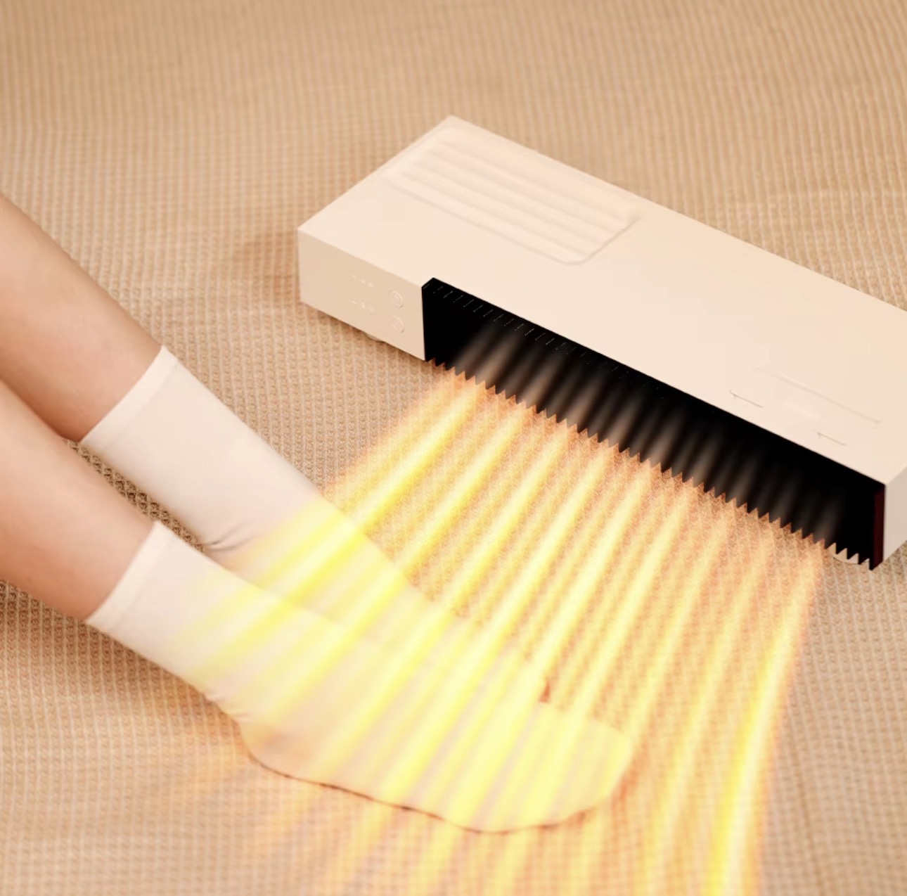 Warm Air Desk Heater warming feet while relaxing