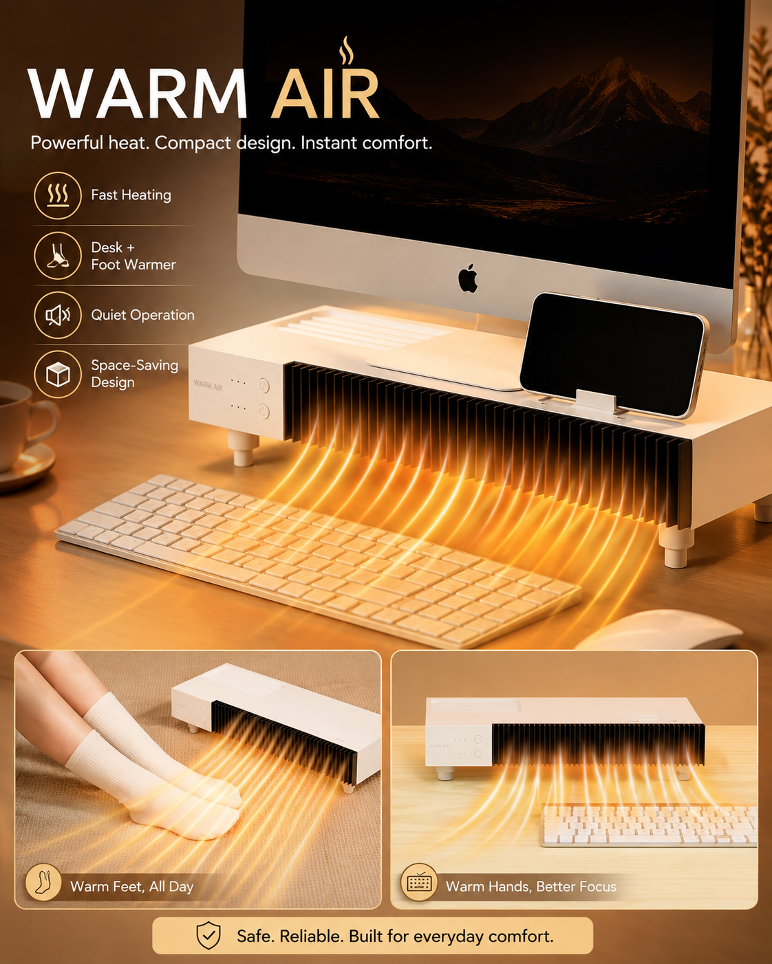 Low-profile white desk heater warming a computer workspace